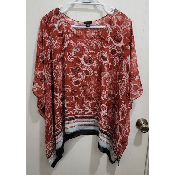Ann Taylor Women's Sheer Poncho Blouse Coverup Red Paisley Floral One Size - Picture 1 of 9